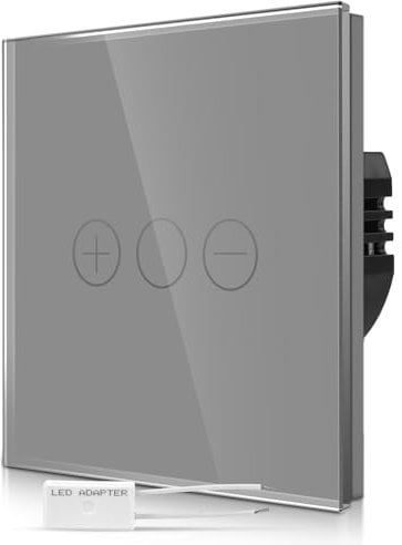 CNBINGO Dimmer Switch for Dimmable LED - 1 Gang Touch Light Switch - Grey Wall Switch with Glass Panel and Status-LED Backlight - Single Switch with a free Adapter - Only Control one LED