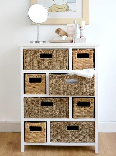 Tetbury Basket Storage Unit | White Chest of Drawers with 8 Natural Baskets (56W x 80H x 34D cm), Assembled Bedroom Hallway Bathroom Furniture (White-N)
