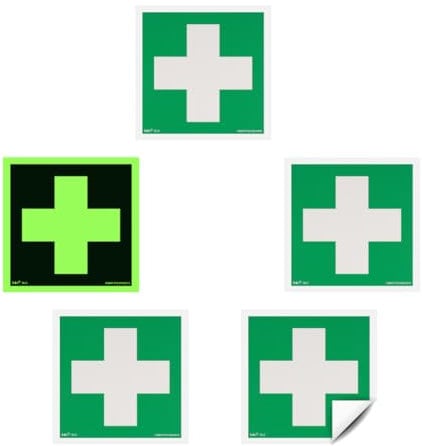 notlok Safety Work - 5x Cartello Cassetta Pronto Soccorso - Croce Bianca [ 15 x 15 ] | Adesivo fotoluminescente | Cartelli Segnaletici di Sicurezza, Segnaletica Sicurezza Sul Lavoro | UNI EN ISO 7010