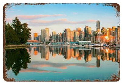 Vancouver im Sonnenuntergang, British Columbia, Kanada,Vintage Metall Eisen Poster Prin Ting Wand Wohnkultur Kunst Café Bar Schlafzimmer Wanddekoration Blechschild,20 x 30 cm (8 x 12 Zoll)-586