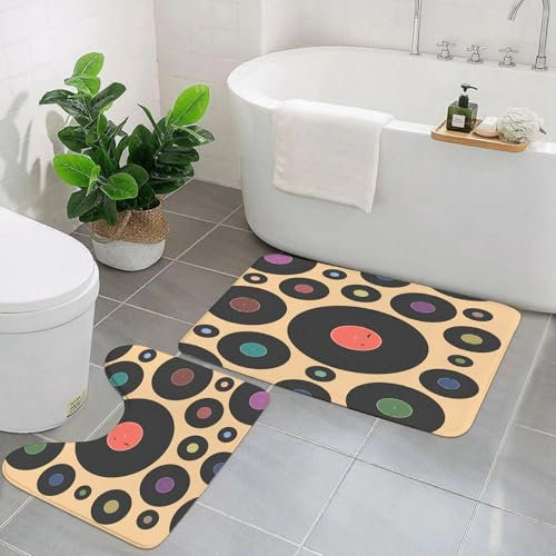 AELKSP Badezimmerteppich Set 2 Teilig,Bunte Musik DJ Vinyl Retro Disk Vintage Phonograph Muster Aufnahme akustischer Albumso,rutschfest Waschbar Badvorleger Set,Saugfähig Badematte Badteppich Set mit