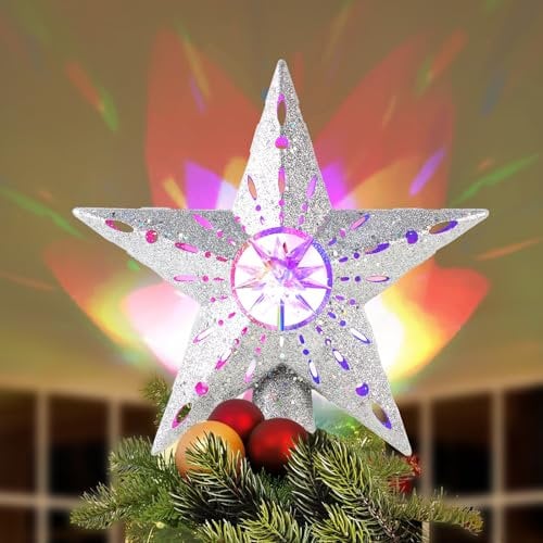 TEPENAR Christmas Tree Topper: Christmas Star Tree Topper Built-in LED Rotating Lights with Scroll Design 3D Glitter Dynamic Projection for Xmas Tree Decorations - Silver