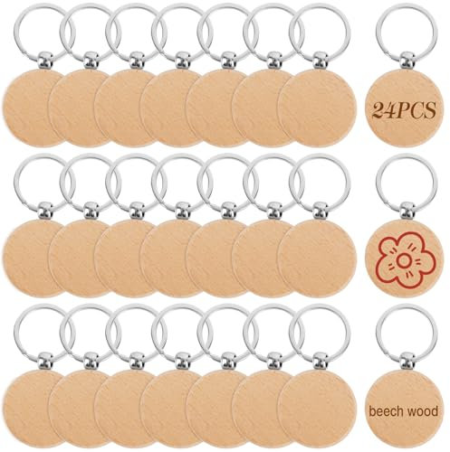 Baiyuanli 24 Stück Holz Schlüsselanhänger, Rund Blanko Naturholz Schlüsselringe, DIY Schlüsselanhänge zum Bemalen Beschriftbar, Wooden Keychain mit Ring für Geschenke Dekoration