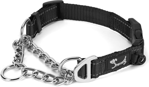 PETTOM Collier pour Chien en Nylon avec Chaîne de Dressage, Collier Martingale Chien Grand Moyen, Réfléchissant et Réglable (Noir, S)