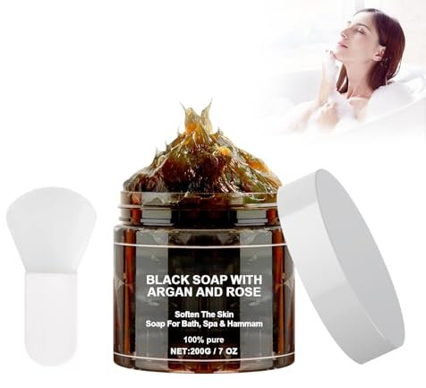 Morocco Nero Sapone Naturale Marocchino Nero Peeling Gel Doccia Per Pelle Morbida con Argan E Rosa, Sapone Nero Scrub Corpo per Sbiancamento Pelle, 200g, Pennello per maschera facciale gratis