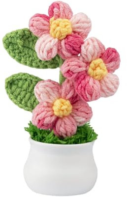 pixomixo Artificial Flowers Puff Crochet Flowers Potted Plant, Mini Knitted Flower Pot, Small Handmade Crochet Flower for Home Office Decor, Birthday Gifts for Her (Pink)