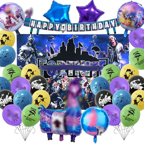 Fortni-t Geburtstagsdeko, 28 Stück Game Luftballons Geburtstag mit Hintergrundstoff Happy Birthday Banner, Geburtstag Party Deko Mädchen Kindergeburtstag Deko