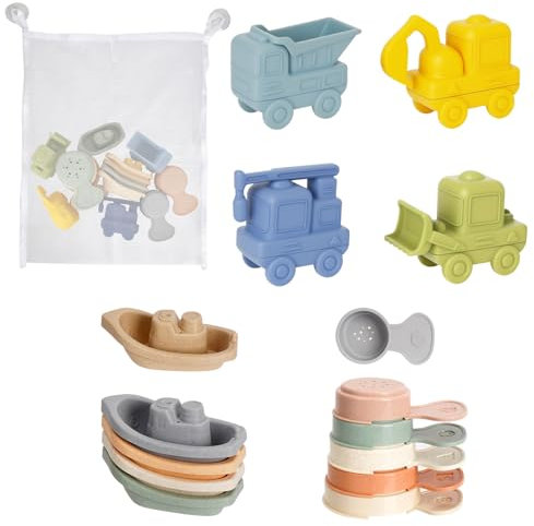 Jouet Bain Bébé 16 Pièces Jouets de Bain, Voiture Jouet en Silicone Design Démontable avec Bateaux Empilables et Cuillère, Jouet de Bain pour Bebe Jouets à Presser Sensoriels pour Bebe Enfant