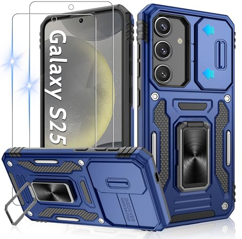 Jshru Handyhülle für Samsung Galaxy S25 Hülle Kameraschutz mit 2 Stück Schutzfolie Militärstandard Stoßfest Sturzsichere Schutzhülle 360° Metall Ring Ständer Case für Galaxy S25, Blau