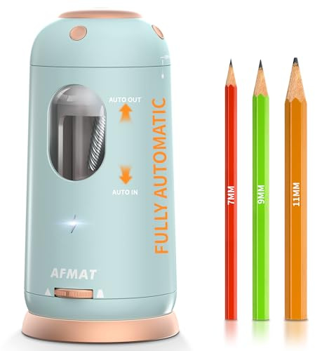 AFMAT Electric Pencil Sharpener, Fully Automatic Rechargeable Sharpener for 7–11.5 mm Coloured, Graphite & Charcoal Pencils, 3 Sharpness Settings, Auto in/Out, for School, Home & Art, Blue,PSC8