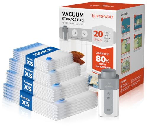 ETENWOLF 20 Combo Vacuum Storage Bags for Travel with Wireless Pump