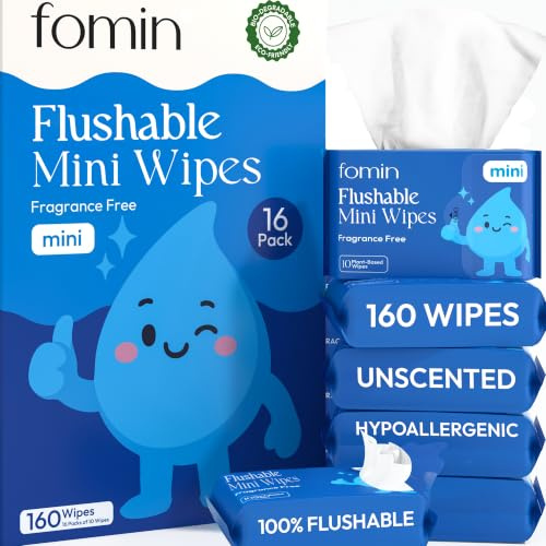 Fomin Flushable Tush Wipes 16 Pack (10 Count) – Unscented Flushable Wet Wipes for Adults – pH Balanced, Biodegradable Cleaning Wipes – Hypoallergenic, Plant Based Travel size Wipe