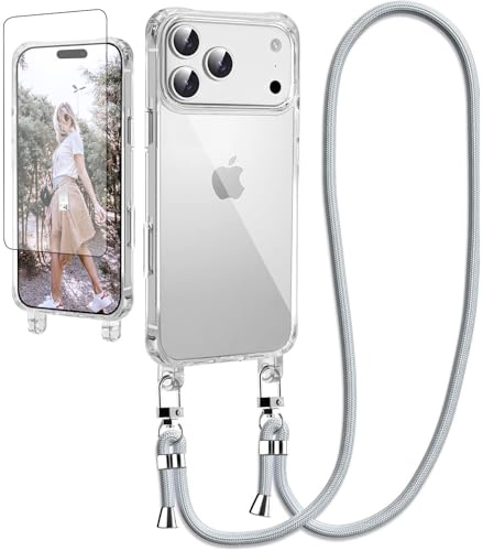 Ciciber Mobile Phone Chain Case for iPhone 17 Pro, Mobile Phone Case with Strap and Screen Protector, Transparent Case with Cord for Hanging, Cord Necklace Case, Protective Case for iPhone 17 Pro 6.3