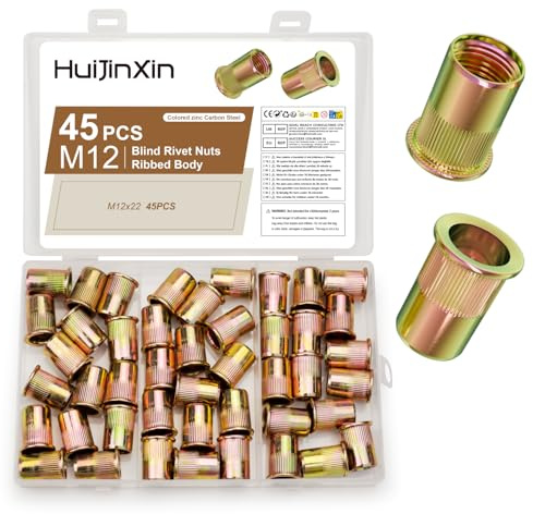 45 Pcs Rivet Nuts Kit, Rivnuts Kit, M12 Flat Head Threaded Insert Nuts, Carbon Steel Threaded Insert Nutsert Blind Rivet Inserts Nut Assortment Set for for Metal Sheets Wood Electrical