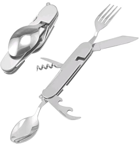 Couverts pliants 6 en 1 en acier inoxydable - Couverts de camping comme fourchette et cuillère - Couverts portables - Idéal pour la randonnée, le pique-nique et plus encore - Couverts sans plastique