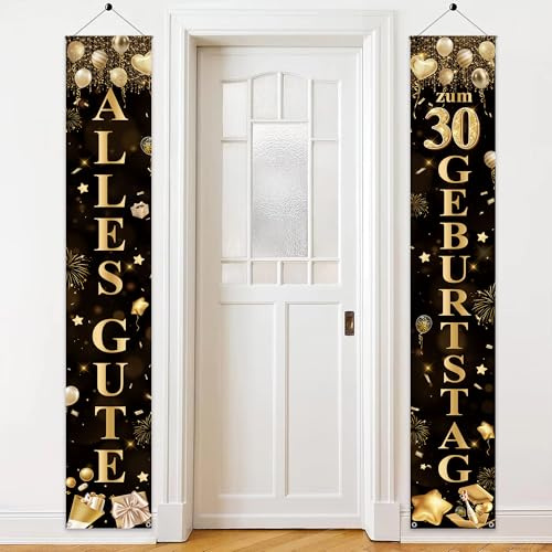 Deko 30 Geburtstag Banner Schwarz Gold - 2 Stück Alles Gute zum 30 Geburtstag Türbanner (180 X 30cm), Stoff Geburtstagsdeko Türbanner für Frauen Männer 30. Geburtstagsfeier Hintergrund