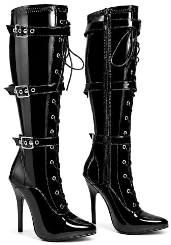 Women's High Heel Knee High Boots Lace Up Stiletto with 3 Buckles & Side Zip Edgy Punk Gothic Style Sexy Footwear UK 3-12 (Black, 10, UK Footwear Size System, Adult, Women, Numeric, Medium, 10)