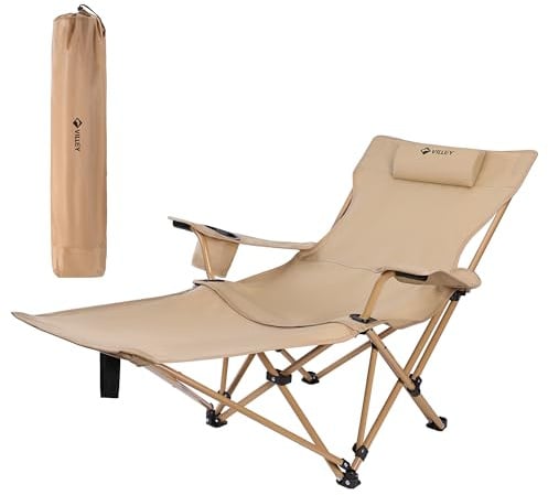 VILLEY Campingstuhl Faltbar mit Fußstütze, Liegestuhl Faltbar mit Kopfstütze & Aufbewahrungstasche, Relaxsessel Belastbar bis 150 kg, Klappbarer Campingstuhl für Camping, Strand, Garten, Angeln