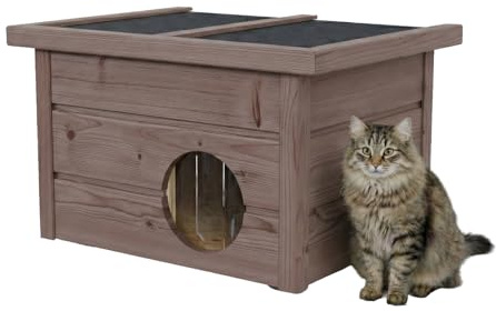 QLS Katzenhaus Outdoor 40×50×37 cm aus Holz mit klappbarem Dach, 2 cm Styropor, wetterfest & Winterfest, Kälteschutz-Vorhang (Palissander)