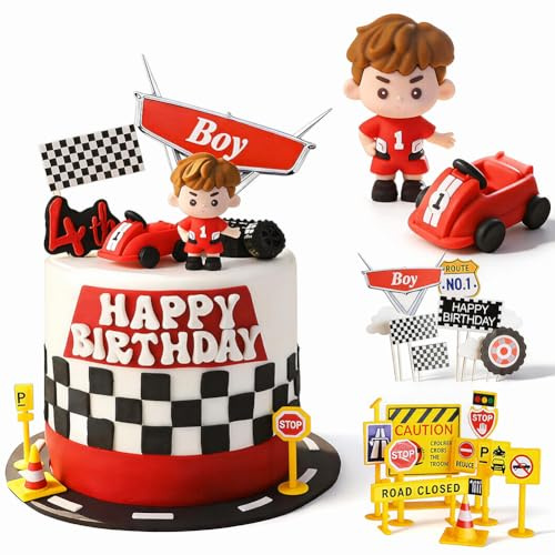 20Pcs Race Car Cake Decorations, Racing Car Decoration Kit, Racing Driver Figurine, Checkered Flags & Traffic Signs for Kids Boys Birthday, Baby Shower, Racing Theme Party Supplies Birthday Party