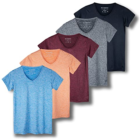5er-Pack Damen Kurzarm V-Ausschnitt Activewear T-Shirt Dry-Fit Feuchtigkeitstransport Perfomance Yoga Top (erhältlich in Übergröße), Set 2, X-Groß