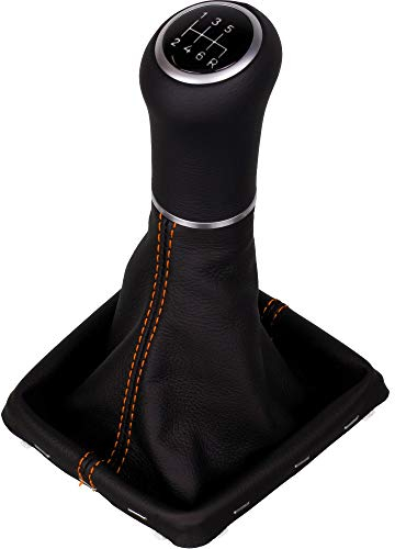 ICT Schaltknauf Schaltsack Schaltmanschette Leder, Naht orange, 6 gang, kompatibel mit Ford Focus MK2 (04–08), MK2 Facelift 08–11 (LED rot)