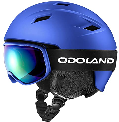 Odoland Skihelm und Skibrille Set, Snowboardhelm mit Snowboardbrille für Erwachsene, Schneebrille UV 400 Schutz Windwiderstand Snowboard Brille zum Skifahren und Bergsteigen Blau S