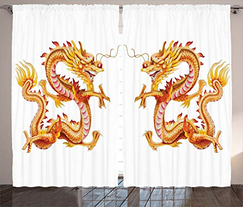 ABAKUHAUS Drachen Rustikaler Gardine, Asiatische chinesische Philosophie, Schlafzimmer Kräuselband Vorhang mit Schlaufen und Haken, 280 x 245 cm, Golden