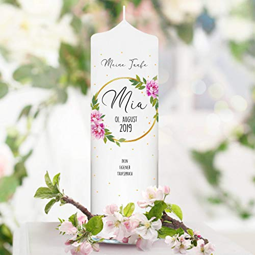 Taufkerze Blumenkranz Blütenkranz - Kerze zur Taufe, Geburt oder Kommunion – weiß 25 x 7 cm mit Name, Datum, ggf. Taufspruch / / Taufkerze 25 x 7 cm (mit eigenem Taufspruch)