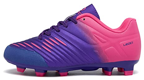 LEOCI Football Shoes - Kid's Anti-Slip Soccer Boots Toddler Outdoor Comfort Cleats Purple Pink