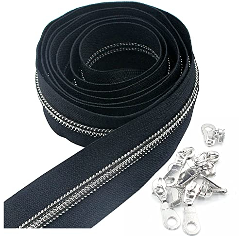 #5 Silberne Metallic-Nylon-Spulen-Reißverschlüsse Meterware Bulk 10 Yards dunkelblaues Klebeband mit 25 Stück silbernen Schiebern für DIY Nähen Schneider Handwerk Tasche Leekayer (Dunkel blau)