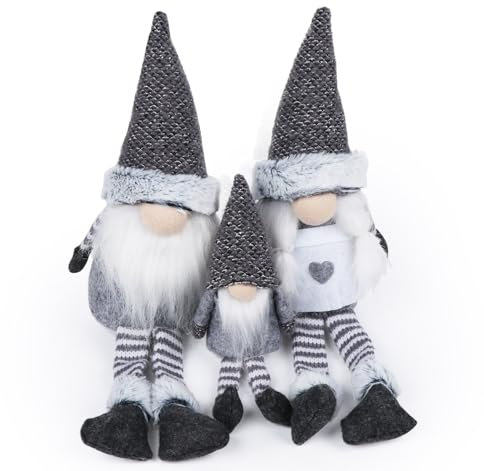 Homewit 3 Stück Wichtel Figuren, Graue Skandinavische Weihnachtswichtel aus Filz, Weihnachtsfiguren Zwei Größen 22-40cm, Weihnachtswichtel Figuren für Weihnachtsdekoration
