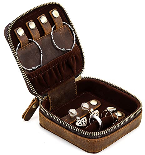 CONTACTS Schmuckkästchen mit Reißverschluss, echtes Leder, Schmuck-Organizer für Ringe, Armbänder, Ohrringe, Halsketten, Geschenk für Damen/Herren, Braun