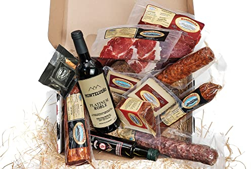MONTELUEÑO | Cesta Gourmet Ibérica Premium - Surtido de embutidos ibéricos naturales con Salchichón, Chorizo, Jamón, Cecina, Lomo, Quesos, Vino, Aceite OVE, Picos. Para picoteo, regalo, cesta navidad