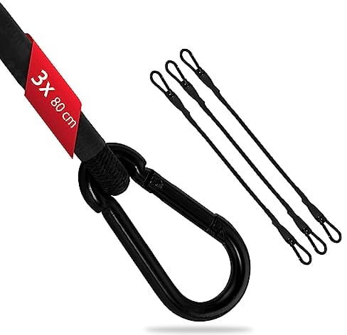 ECENCE 3X Spanngummi mit Karabiner aus Edelstahl 80cm in Schwarz Latex Spanngurte, Gepäckspanner, Expander, Spannseil für Fahrrad, Auto, Gepäck, Transportsicherung