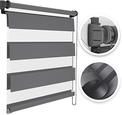Estika Doppelrollo Montage ohne Bohren - Stoffbreite: 50 cm, Höhe: 150 cm, Farbe: Grau - Tag und Nacht Duo Rollo