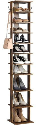 HOME BI 10-Tier Vertical Shoe Rack, Corner Shoe Tower, Slim Shoe Organizer with Two Hanging Hooks, Wooden Shoe Storage Stand for Entryway, Hallway, Closet, Rustic Brown