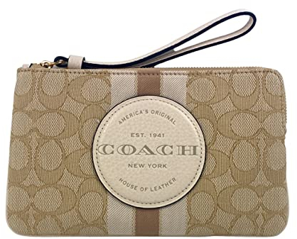 COACH Dempsey Eck-Armband mit Reißverschluss in charakteristischem Jacquard mit gestreiftem Aufnäher, Light Kahki/Kreide, Large