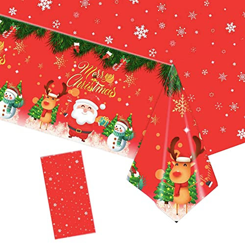 Christmas Table Cloth Party Disposable Tablecloths,Red and Santa Snowman Table Covers,137x274cm Rectangle Large Plastic Tablecloth Party for Picnic,Baby Shower,Xmas Party,Christmas Table Decorations