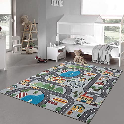 Teppich-Traum Kinder Spielteppich mit Stadtlandschaft auf Hintergrund in grau Größe 120x160 cm