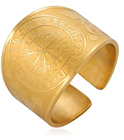 kkjoy Viking Vegvisir 24 Runen breiter Bandring Edelstahl Odins Rabe nordische Mythologie offene Fingerringe magischer Talisman Schmuck für Männer Frauen (Durchmesser 19mm, Vegvisir 24 Runen - Gold)