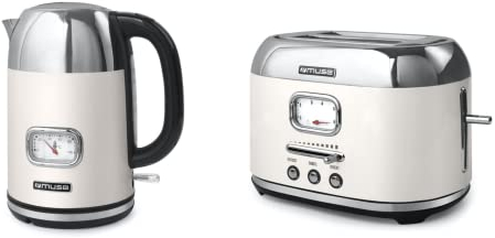 Muse Wasserkocher und Toaster Set, 2er Frühstücks-Set mit Retro Wasserkocher und 2 Scheiben Toaster mit analoger Anzeige, beige und Edelstahl
