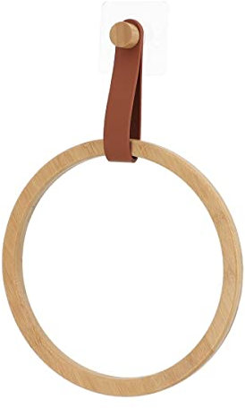 Porte-serviettes circulaire en bambou, avec fixation par cuir synthétique, porte-serviettes 21 cm pour le lavabo avec fixation adhésive sans trous (porte-serviette noisette)