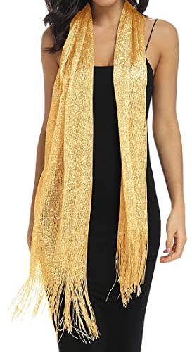 TSLRSA schal gold - Metallisch schimmernde Schals und Wickeltücher mit Schalclip für Hochzeit, Abend, Partykleid