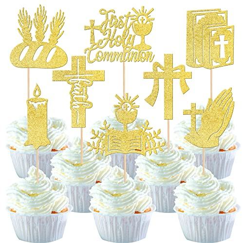 24 Stück Erste Heilige Kommunion Tortendeko Glitzer Kreuz Bibel Kuchen Deko Engel Gott Segnen Cupcke Toppers für Erstkommunion Taufe Religion Thema Geburtstag Party Cupcake Picks Supplies Gold