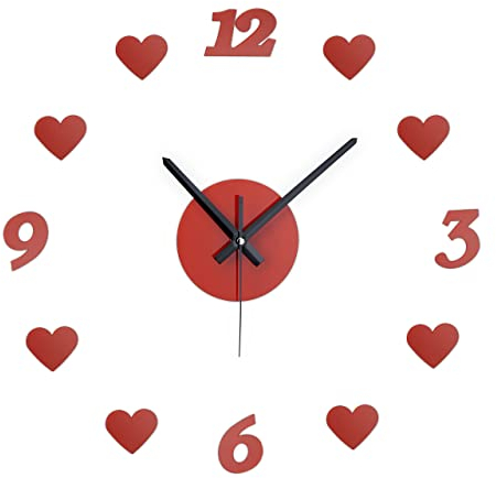 Relaxdays Wanduhr DIY, Wohnzimmeruhr mit Herzen & Zahlen, Ø 50-100 cm, Wandtattoo Kleben, 3D-Uhr Wand, rot