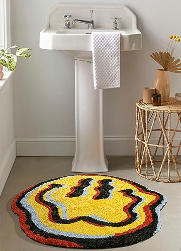 Estmy Be Happy Badteppich, niedlich, Retro, Vintage, rund, rutschfest, waschbar, groovig, flippig, bunt, abstrakt, Hippie, Trippy, ästhetisch, Kinder-Badteppich, zottelige Bodenmatte,