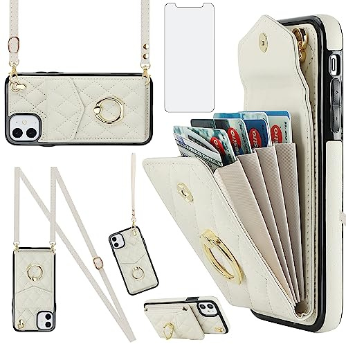 Asuwish Phone Case for iPhone 11 6.1 Wallet Cover with Tempered Glass Screen Protector and Wrist Strap Ring RFID Blocking Card Holder Cell iphone11case iPhone11 i Phone11 11s XI 11R Women Off White