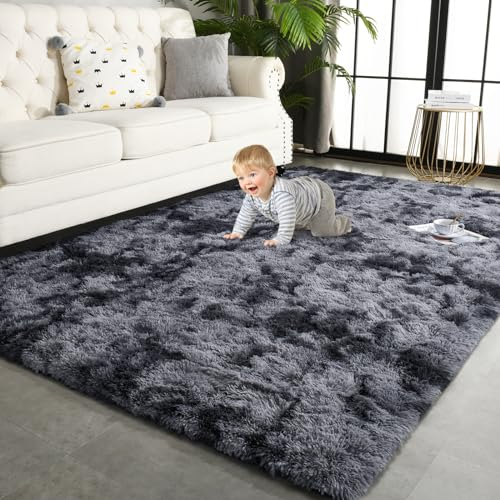 TWINNIS 12,7 x 20,3 cm großer Zottelteppich für Wohnzimmer, Schlafzimmer, Batikfärbung, dunkelgrau, für den Innenbereich, superweich, flauschig, rutschfest, moderne Teppiche, flauschige Teppiche für