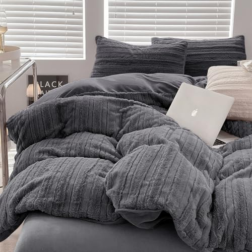 AShanlan Plüsch Bettwäsche 135x200 Winter Warme Flauschig Cashmere Touch Bettbezug Teddy Fleece Winterbettwäsche Set mit Reißverschluss und Kissenbezug 80x80 cm Dunkelgrau